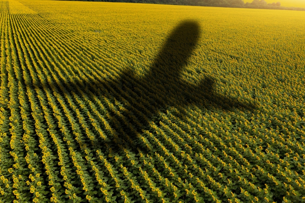 Plane flying with sustainable aviation fuel over agricultural field